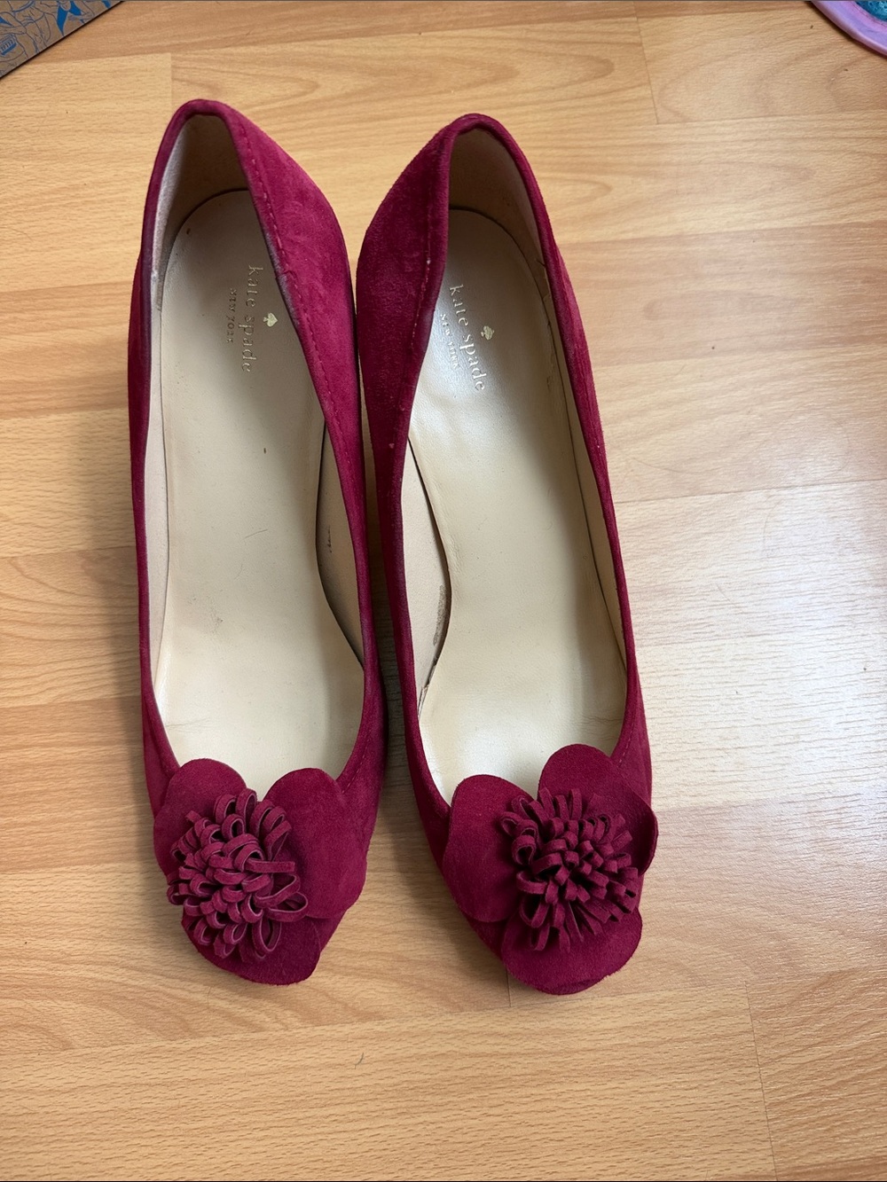 kate spade burgundy suede floral-embellished heels